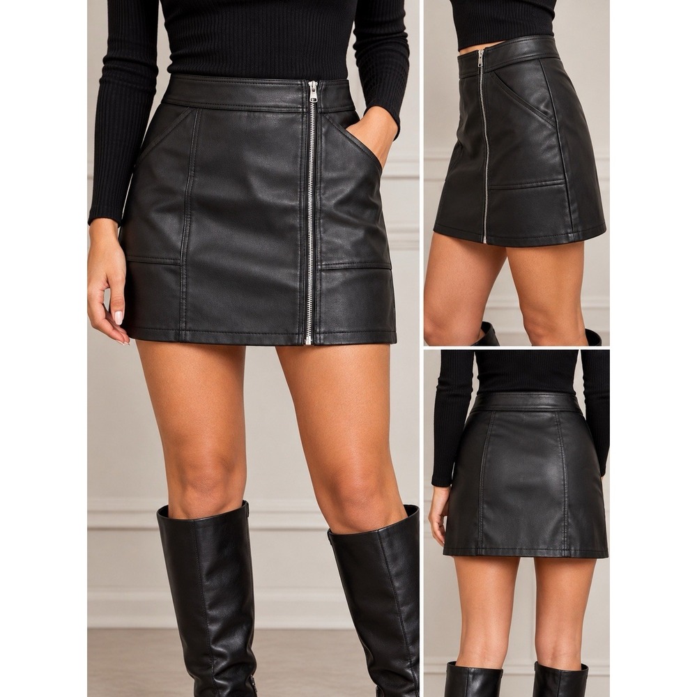 Express Faux Leather Moto Mini Skirt Women's 0 Black Full Zip Pockets Y2K